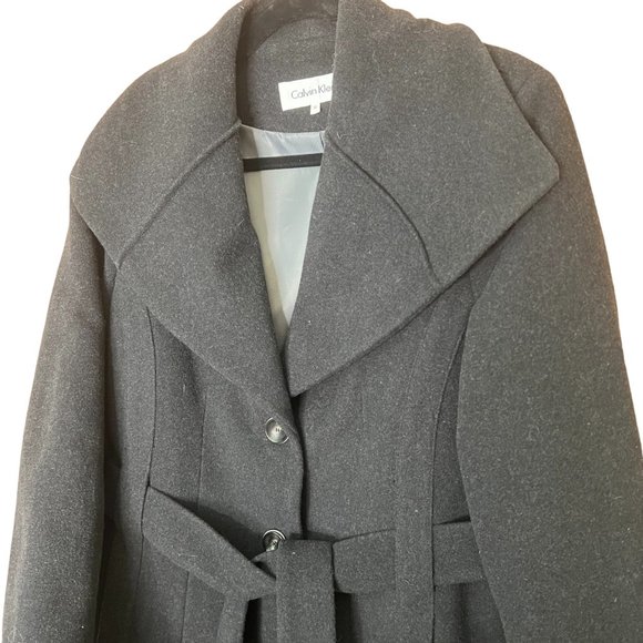 Calvin Klein Size 12 Wool Blend Winter Coat Dark Charcoal Gray Peacoat Belted - Picture 2 of 8